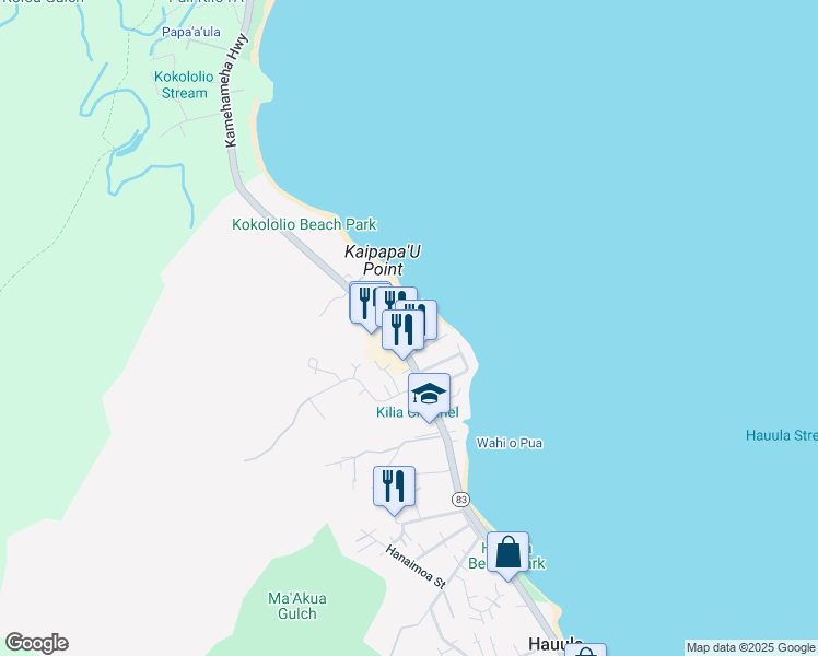 map of restaurants, bars, coffee shops, grocery stores, and more near 54-19 Ahinalu Place in Hauula