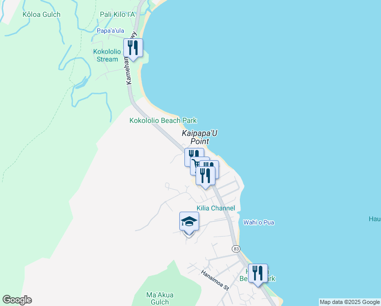 map of restaurants, bars, coffee shops, grocery stores, and more near 54-3 Kaupau Place in Hauula