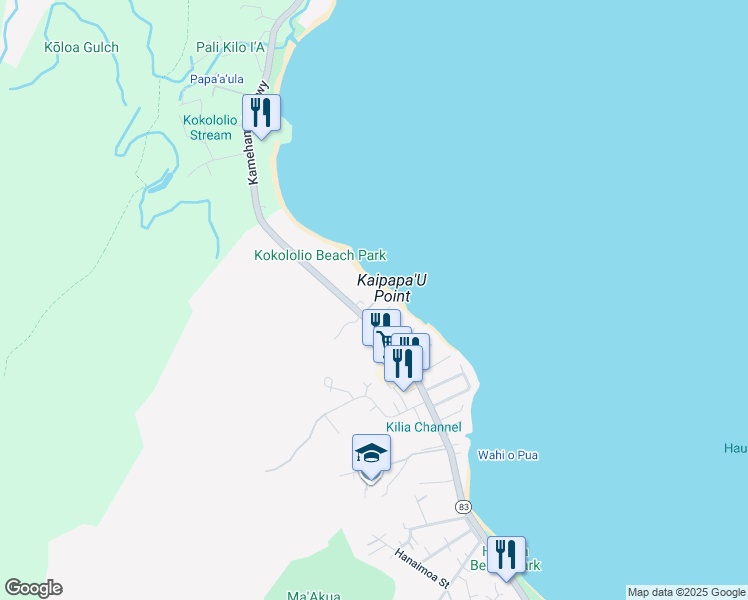 map of restaurants, bars, coffee shops, grocery stores, and more near 54-3 Kaupau Place in Hauula