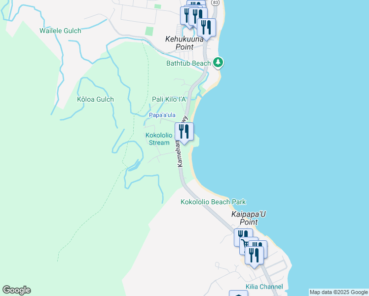 map of restaurants, bars, coffee shops, grocery stores, and more near 55-147 Kamehameha Highway in Kailua