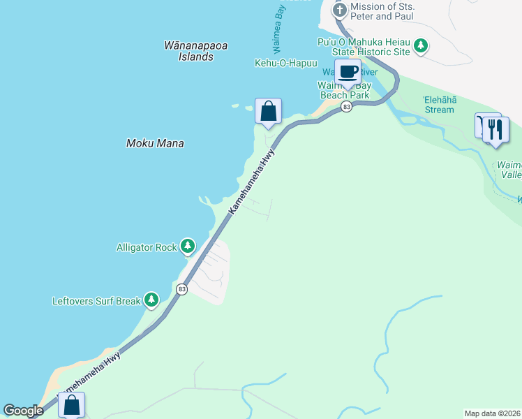 map of restaurants, bars, coffee shops, grocery stores, and more near 61-132 Tutu Street in Haleiwa