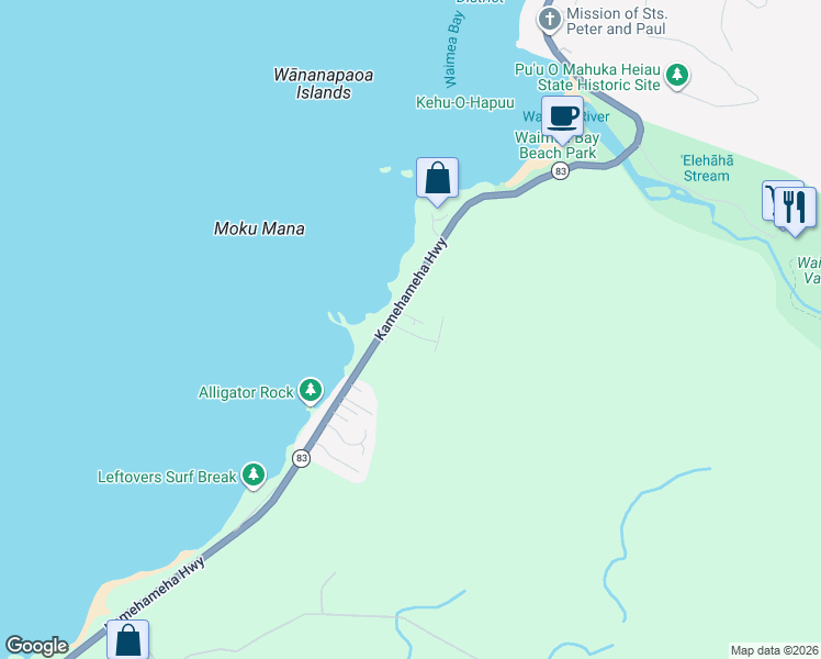 map of restaurants, bars, coffee shops, grocery stores, and more near 61-132 Tutu Street in Haleiwa
