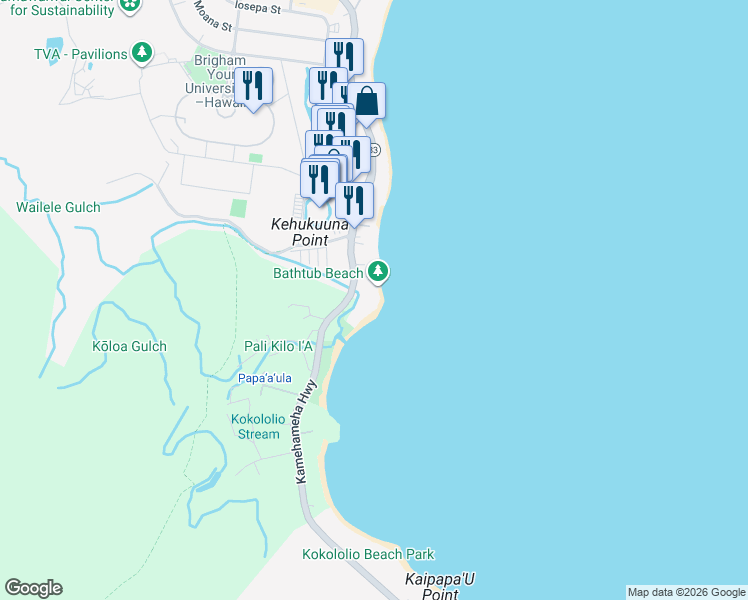 map of restaurants, bars, coffee shops, grocery stores, and more near 55-279 Kamehameha Highway in Laie