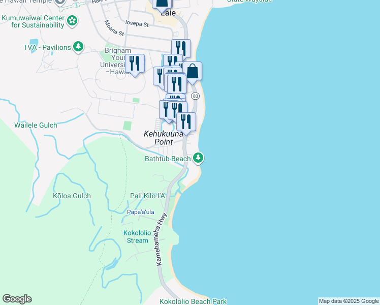 map of restaurants, bars, coffee shops, grocery stores, and more near 55-345 Pakelo Place in Laie