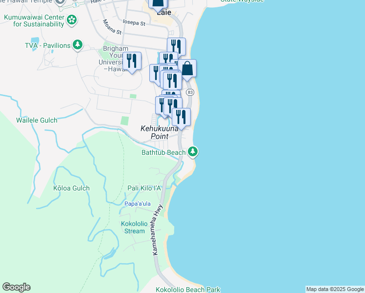 map of restaurants, bars, coffee shops, grocery stores, and more near 55-345 Pakelo Place in Laie