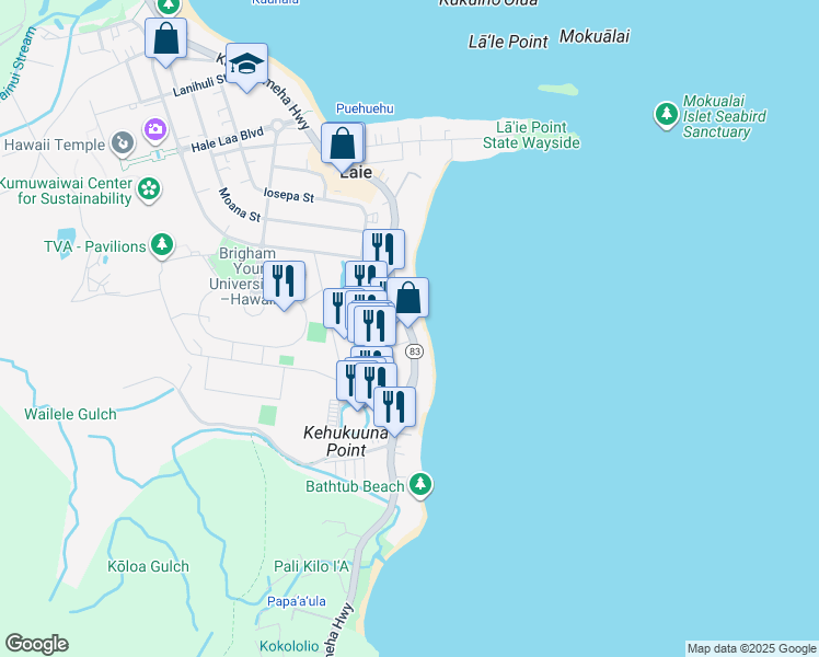 map of restaurants, bars, coffee shops, grocery stores, and more near 55-411 Kamehameha Highway in Laie
