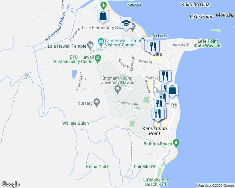 map of restaurants, bars, coffee shops, grocery stores, and more near 55-220 Kulanui Street in Laie