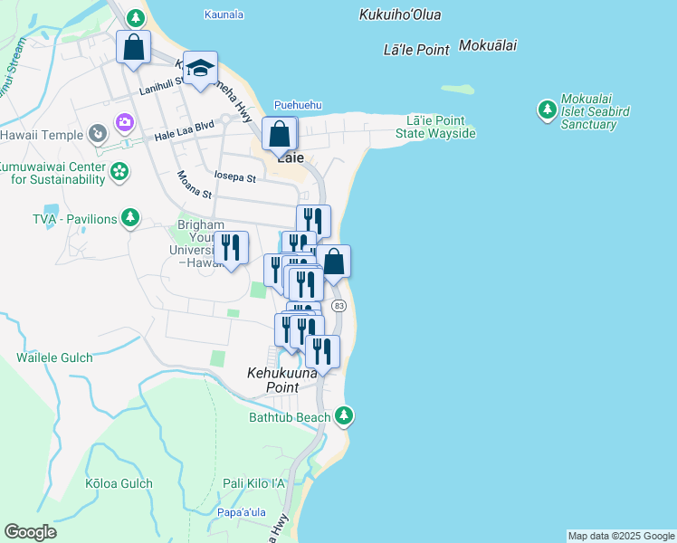 map of restaurants, bars, coffee shops, grocery stores, and more near 55-411 Kamehameha Highway in Laie