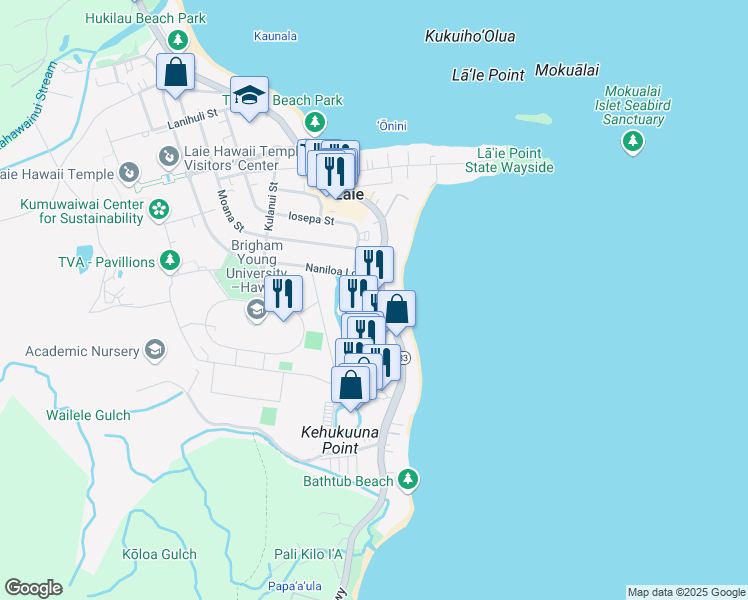 map of restaurants, bars, coffee shops, grocery stores, and more near 55-442 Kamehameha Highway in Laie