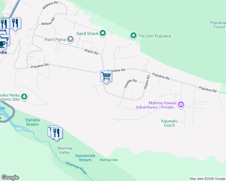 map of restaurants, bars, coffee shops, grocery stores, and more near 59-449 Kawowo Road in Haleiwa