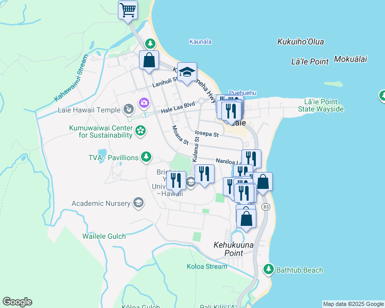 map of restaurants, bars, coffee shops, grocery stores, and more near 55 Kulanui Street in Laie