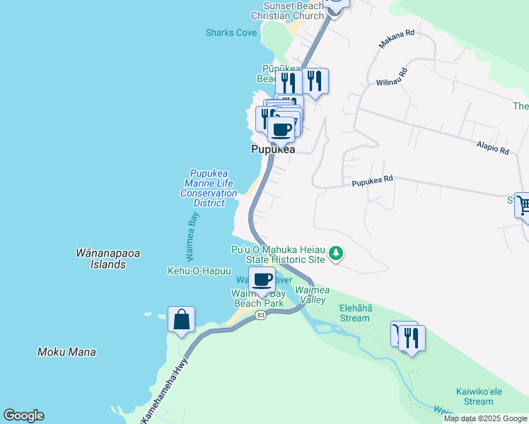 map of restaurants, bars, coffee shops, grocery stores, and more near 59-778 Kapuhi Place in Haleiwa
