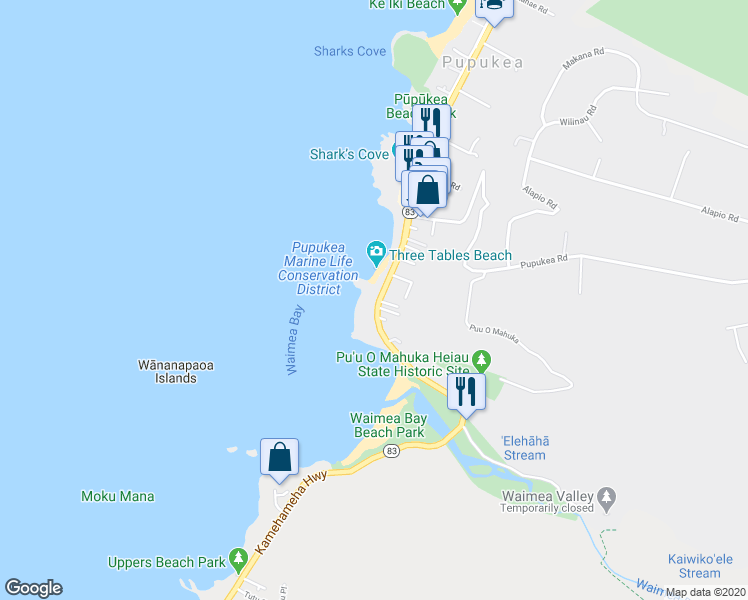 map of restaurants, bars, coffee shops, grocery stores, and more near 59-777 Kamehameha Highway in Haleiwa