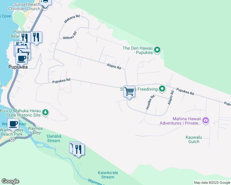 map of restaurants, bars, coffee shops, grocery stores, and more near 59-399 Pupukea Road in Haleiwa