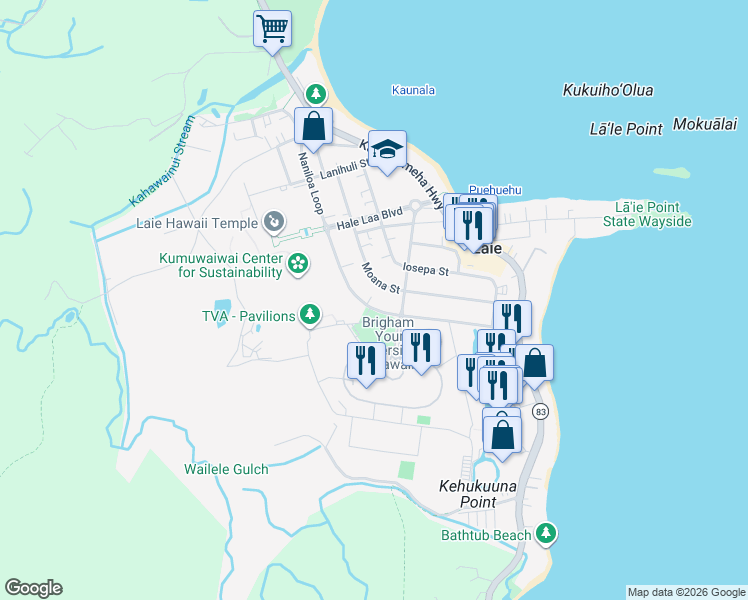 map of restaurants, bars, coffee shops, grocery stores, and more near 55-521 Naniloa Loop in Laie