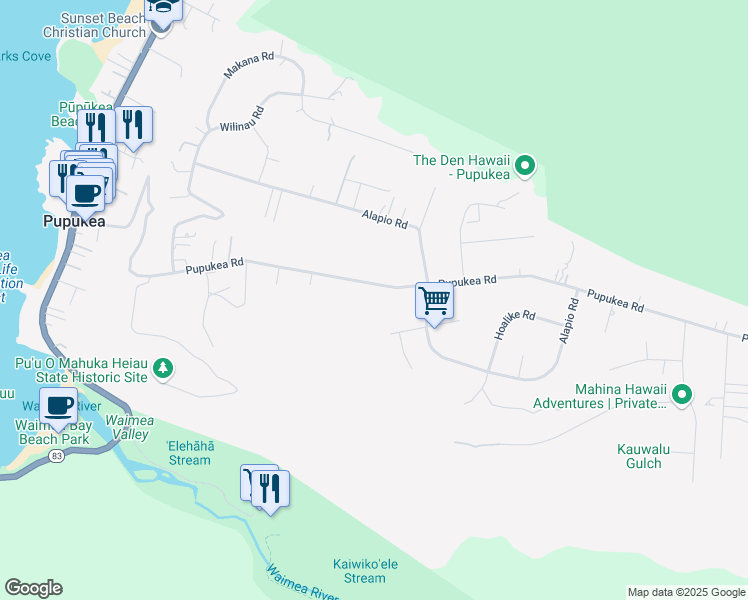 map of restaurants, bars, coffee shops, grocery stores, and more near 59-399 Pupukea Road in Haleiwa