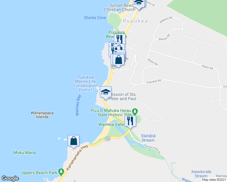 map of restaurants, bars, coffee shops, grocery stores, and more near 59-778 Kapuhi Place in Haleiwa