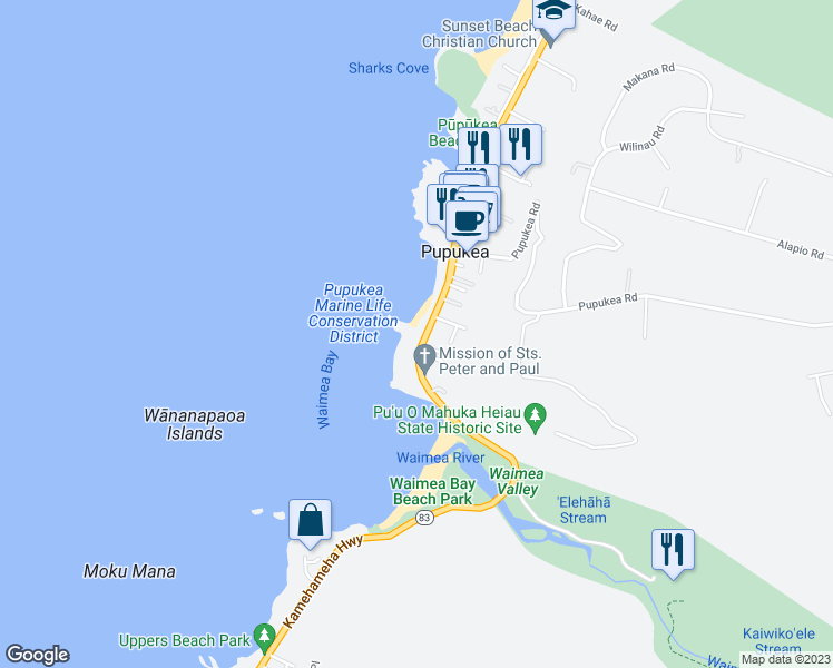 map of restaurants, bars, coffee shops, grocery stores, and more near 59-777 Kamehameha Highway in Haleiwa
