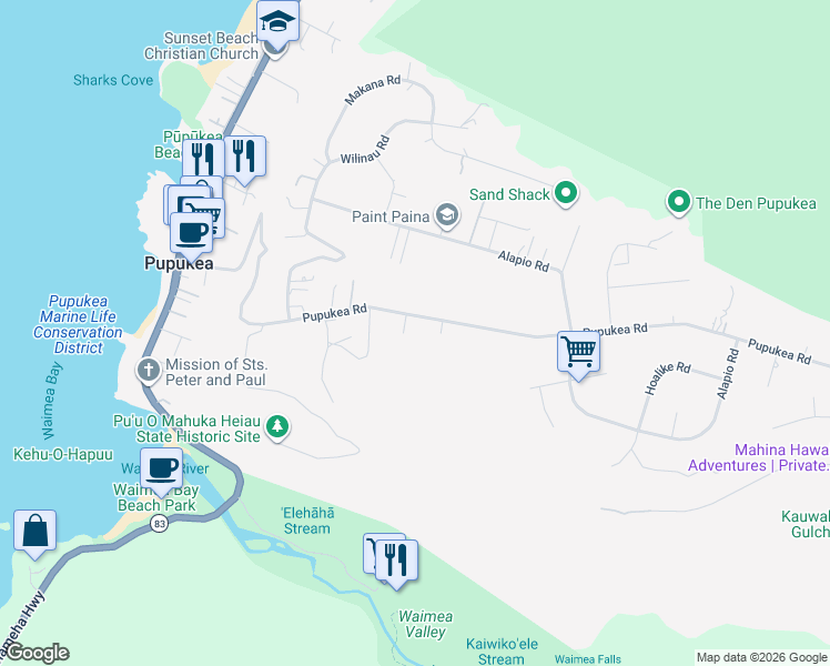 map of restaurants, bars, coffee shops, grocery stores, and more near 59-323 Pupukea Road in Haleiwa