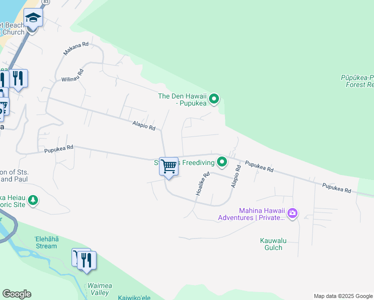 map of restaurants, bars, coffee shops, grocery stores, and more near 59-460 Aukauka Road in Haleiwa