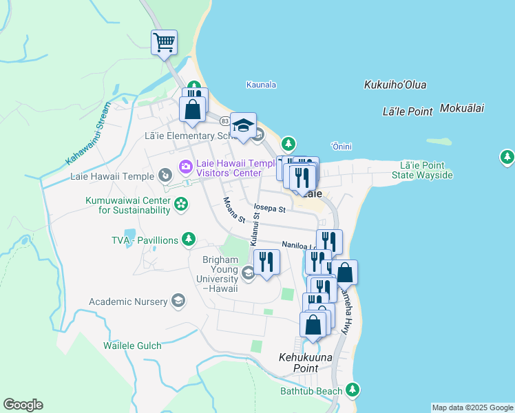 map of restaurants, bars, coffee shops, grocery stores, and more near 55 Kulanui Street in Laie