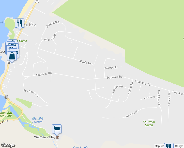 map of restaurants, bars, coffee shops, grocery stores, and more near 59-391 Alapio Road in Haleiwa