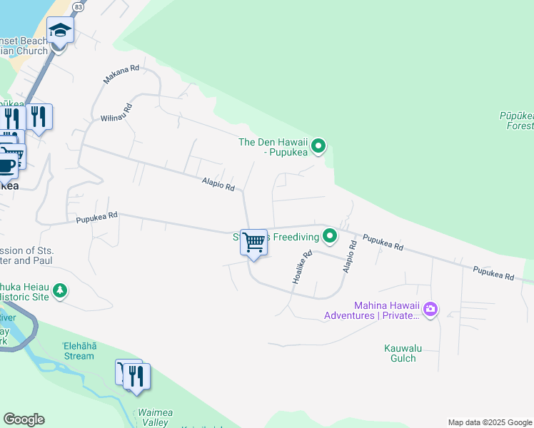 map of restaurants, bars, coffee shops, grocery stores, and more near 59-460 Aukauka Road in Haleiwa