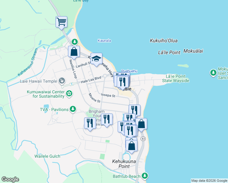 map of restaurants, bars, coffee shops, grocery stores, and more near 55-474 Palekana Street in Laie
