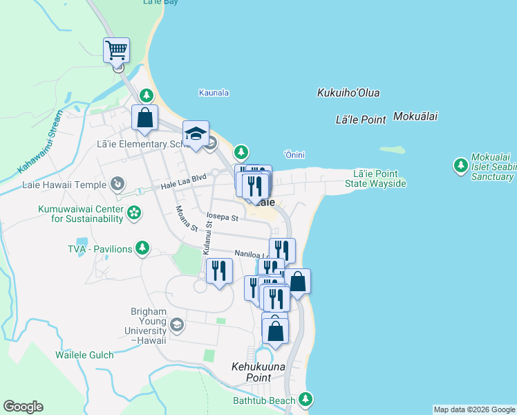 map of restaurants, bars, coffee shops, grocery stores, and more near 55-510 Kamehameha Highway in Laie