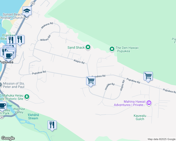 map of restaurants, bars, coffee shops, grocery stores, and more near 59-391 Alapio Road in Haleiwa