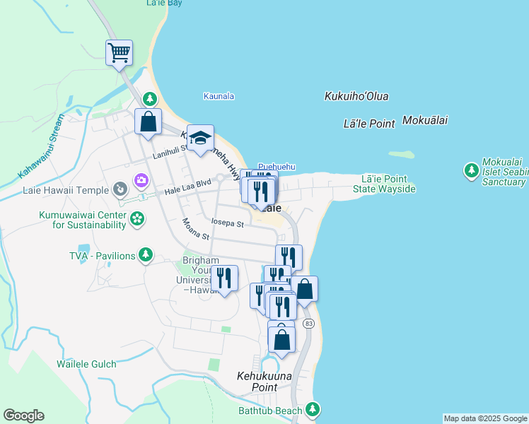 map of restaurants, bars, coffee shops, grocery stores, and more near 55-510 Kamehameha Highway in Laie