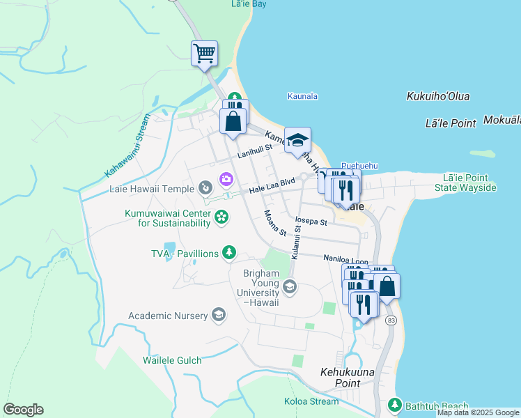 map of restaurants, bars, coffee shops, grocery stores, and more near 55-559 Naniloa Loop in Laie