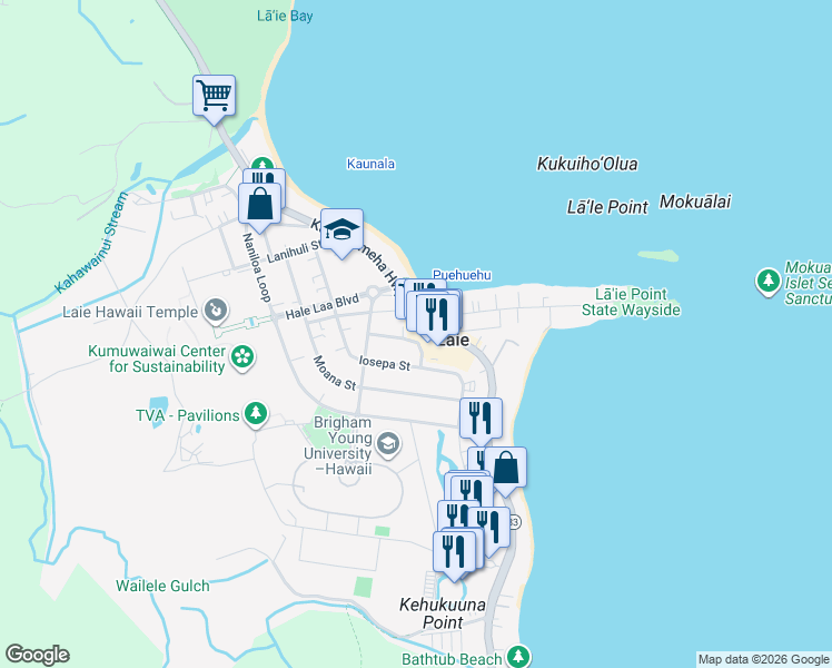 map of restaurants, bars, coffee shops, grocery stores, and more near 55-474 Palekana Street in Laie