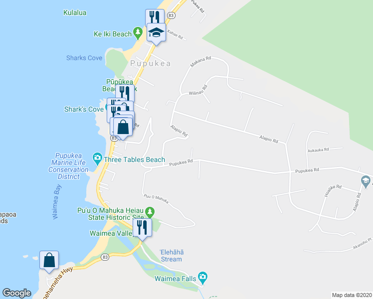 map of restaurants, bars, coffee shops, grocery stores, and more near 59-271 Alapio Road in Haleiwa