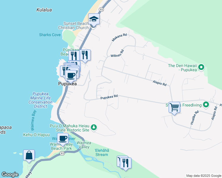 map of restaurants, bars, coffee shops, grocery stores, and more near 59-271 Alapio Road in Haleiwa