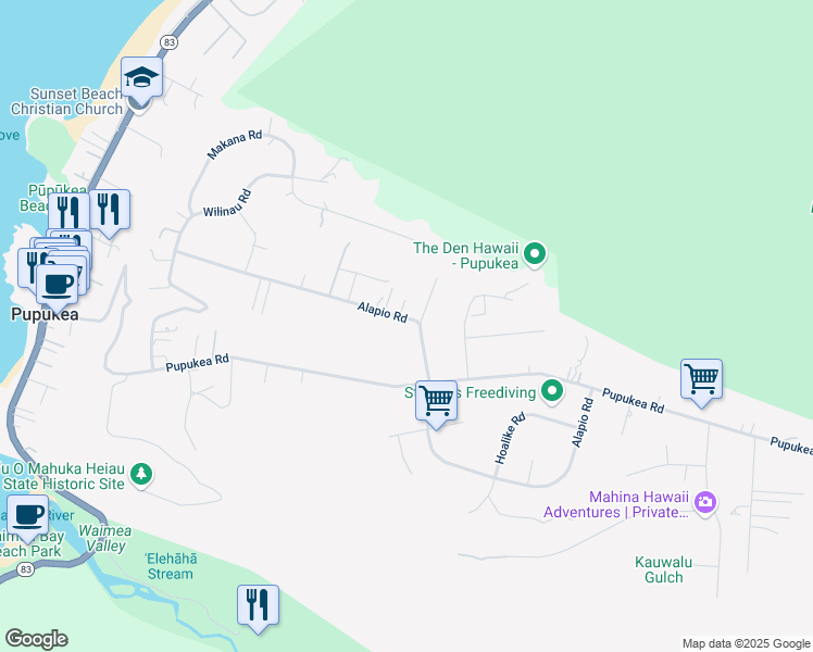 map of restaurants, bars, coffee shops, grocery stores, and more near 59-518 Alapio Road in Haleiwa