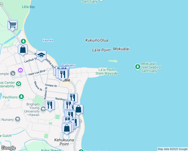 map of restaurants, bars, coffee shops, grocery stores, and more near 55-88 Naupaka Street in Laie