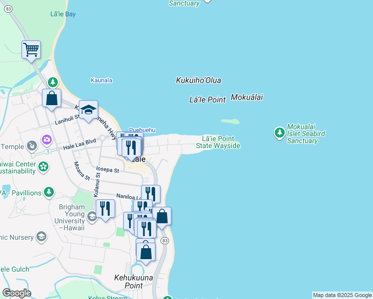map of restaurants, bars, coffee shops, grocery stores, and more near 55-88 Naupaka Street in Laie