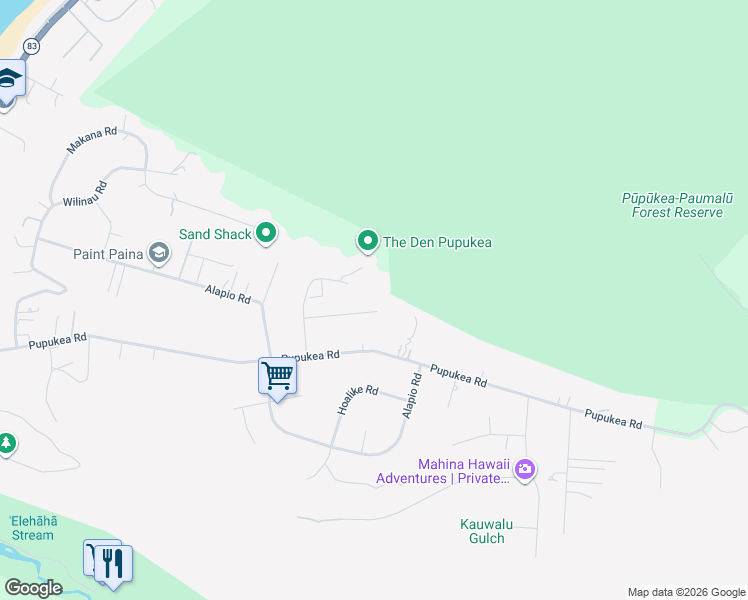 map of restaurants, bars, coffee shops, grocery stores, and more near 59-526 Aukauka Road in Haleiwa