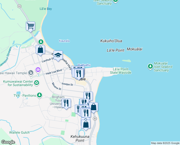 map of restaurants, bars, coffee shops, grocery stores, and more near 55-131 Naupaka Street in Laie
