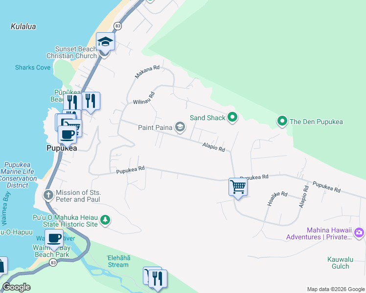 map of restaurants, bars, coffee shops, grocery stores, and more near 59-445 Alapio Road in Haleiwa