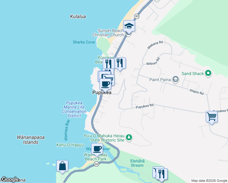 map of restaurants, bars, coffee shops, grocery stores, and more near 59-76 Pupukea Road in Haleiwa