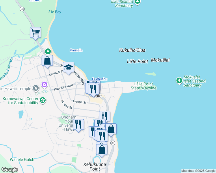 map of restaurants, bars, coffee shops, grocery stores, and more near 55-131 Naupaka Street in Laie