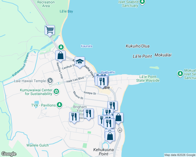 map of restaurants, bars, coffee shops, grocery stores, and more near 55-552 Kamehameha Highway in Laie