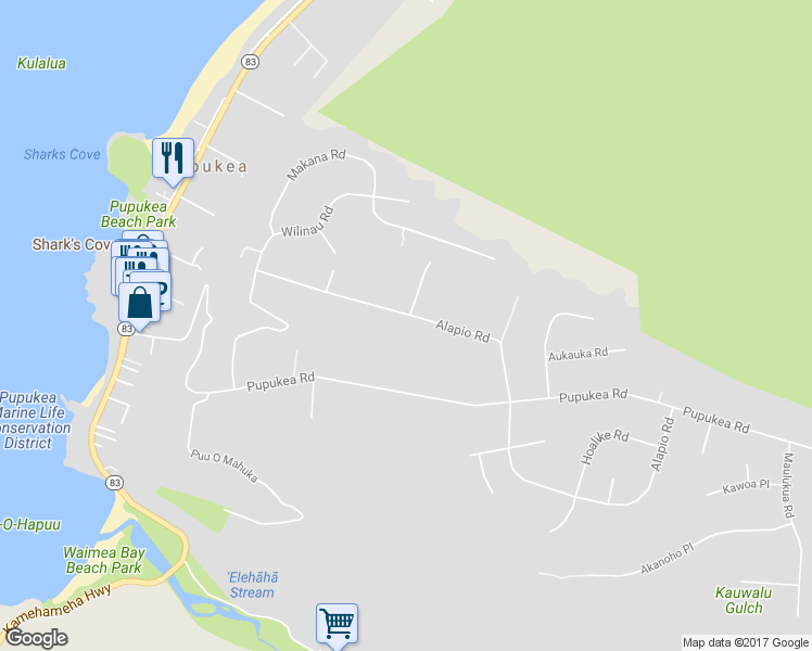map of restaurants, bars, coffee shops, grocery stores, and more near 59-445 Alapio Road in Haleiwa