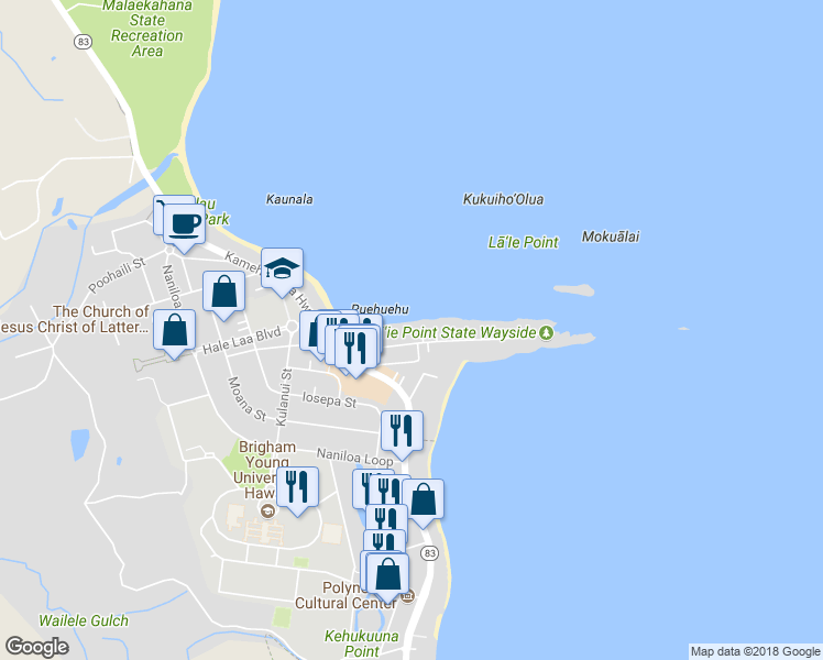 map of restaurants, bars, coffee shops, grocery stores, and more near 55-131 Naupaka Street in Laie