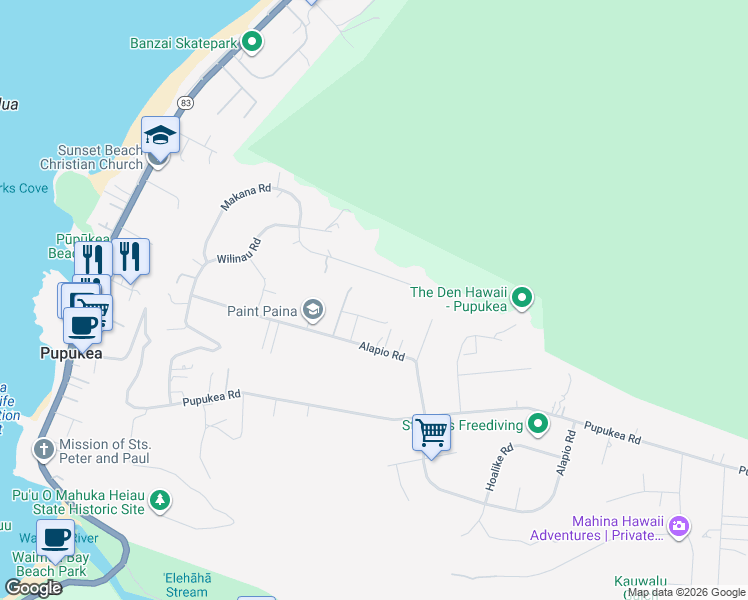 map of restaurants, bars, coffee shops, grocery stores, and more near 59-555 Makana Road in Haleiwa