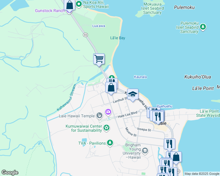 map of restaurants, bars, coffee shops, grocery stores, and more near 55-688 Kamehameha Highway in Laie