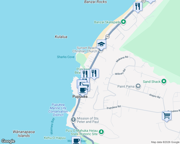map of restaurants, bars, coffee shops, grocery stores, and more near 59-629 Ke Iki Road in Haleiwa