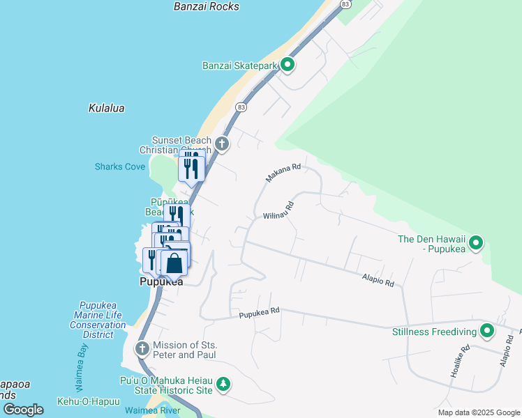 map of restaurants, bars, coffee shops, grocery stores, and more near 59-357 Makana Road in Haleiwa